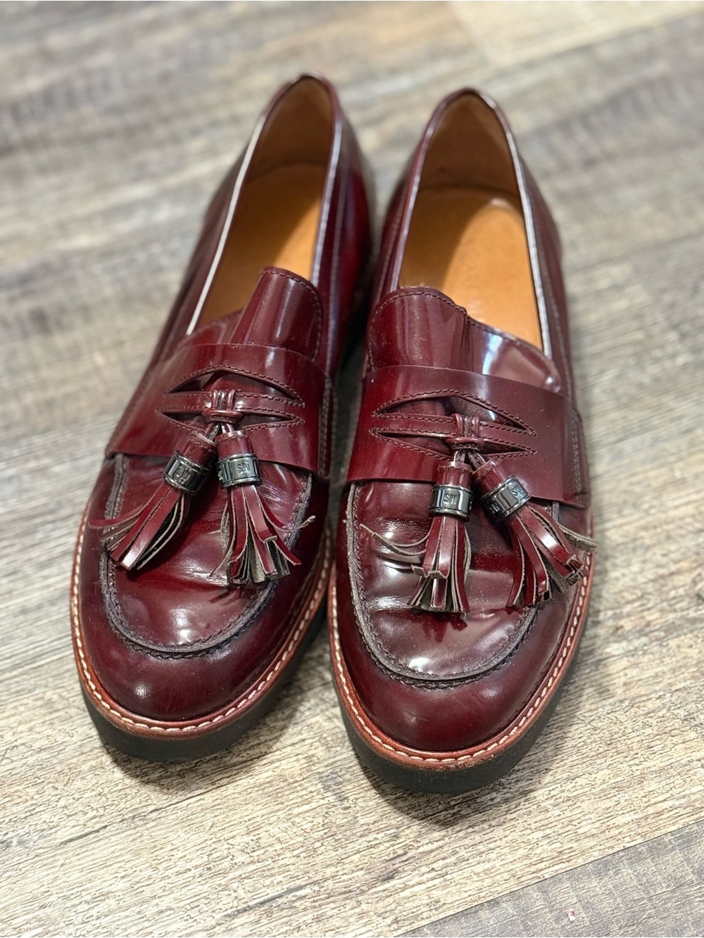 Stuart Weitzman Burgundy Leather Tassel Lug Sole Loafers 9.5